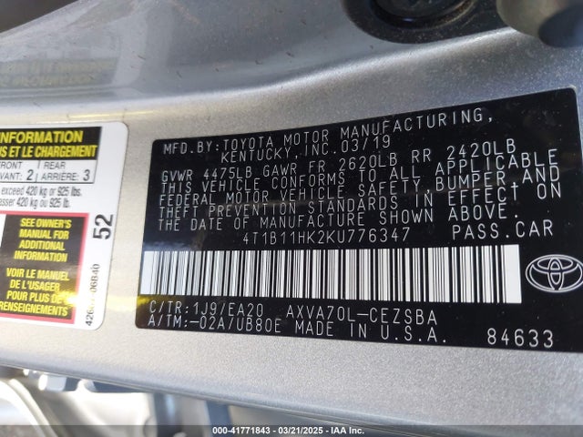 Aukcja sprzedaży 2019 Toyota Camry L/le/xle/se/xse, vin: 4T1B11HK2KU776347, numer aukcji: 41771843
