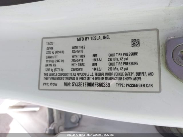 5YJ3E1EB0MF860289 Tesla Model 3 Long Range Dual Motor All-wheel Drive