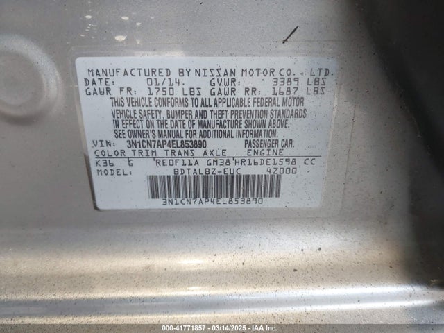 3N1CN7AP4EL853890 Nissan Versa 1.6 Sv