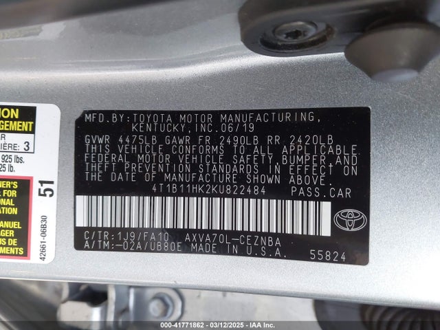 4T1B11HK2KU822484 Toyota CAMRY LE