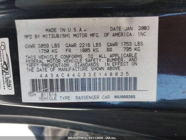 2003 MITSUBISHI ECLIPSE 4A3AC44G33E140025 Photo 8