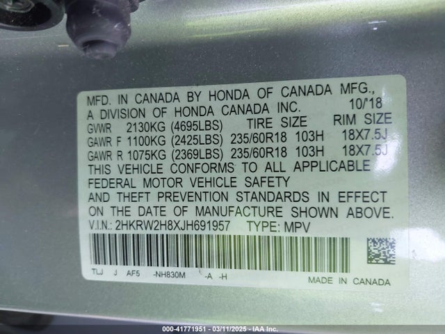 2HKRW2H8XJH691957 Honda Cr-v Ex-l/ex-l Navi