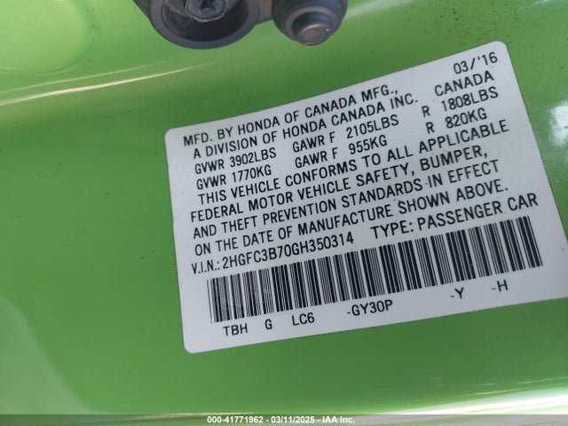 2HGFC3B70GH350314 Honda Civic Ex-l