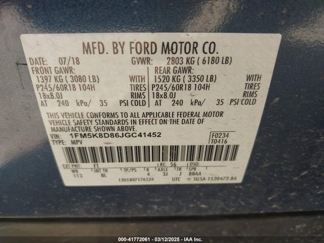 1FM5K8D86JGC41452 Ford EXPLORER XLT
