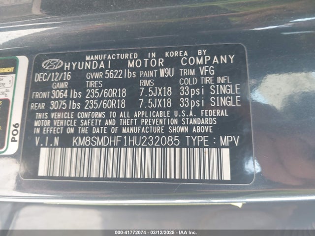 KM8SMDHF1HU232085 Hyundai Santa Fe Se
