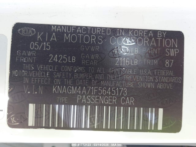 2015 Kia Optima Lx მანქანა იყიდება აუქციონზე, vin: KNAGM4A71F5645173, აუქციონის ნომერი: 41772123