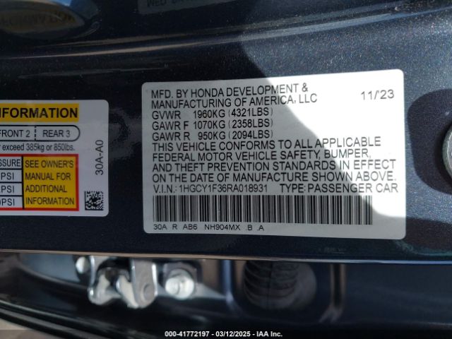 1HGCY1F36RA018931 Honda ACCORD EX