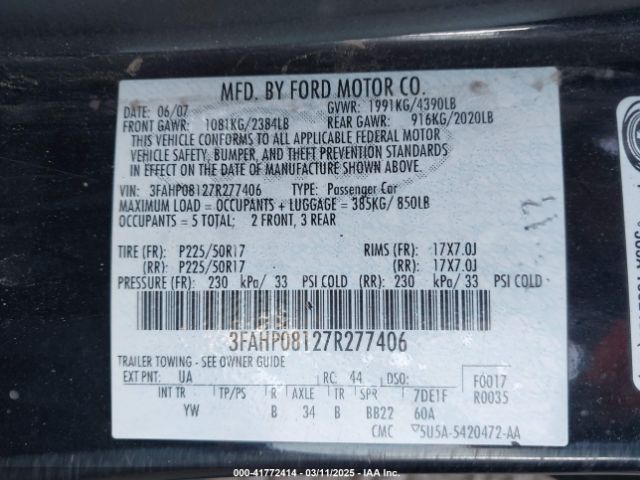 2007 FORD FUSION 3FAHP08127R277406 Photo 8
