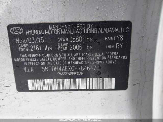 5NPDH4AEXGH784647 Hyundai Elantra Value Edition