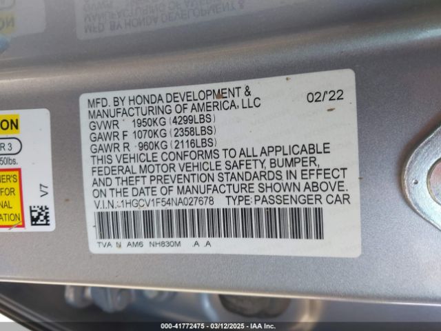 1HGCV1F54NA027678 Honda Accord Ex-l