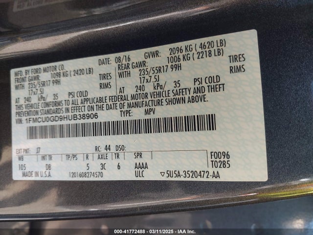 1FMCU0GD9HUB38906 Ford ESCAPE SE