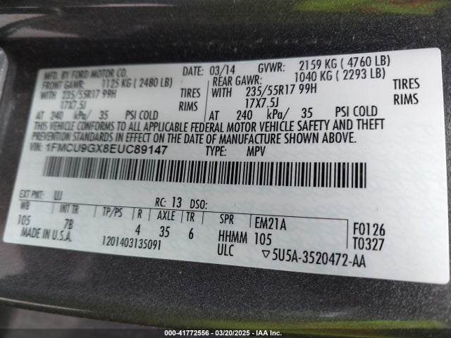 1FMCU9GX8EUC89147 Ford ESCAPE SE