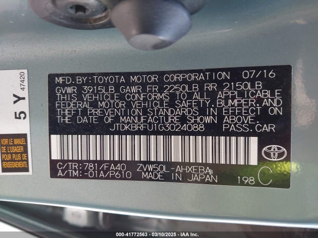 JTDKBRFU1G3024088 Toyota Prius Two