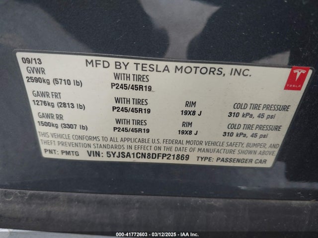 2013 TESLA MODEL S 5YJSA1CN8DFP21869 Photo 8