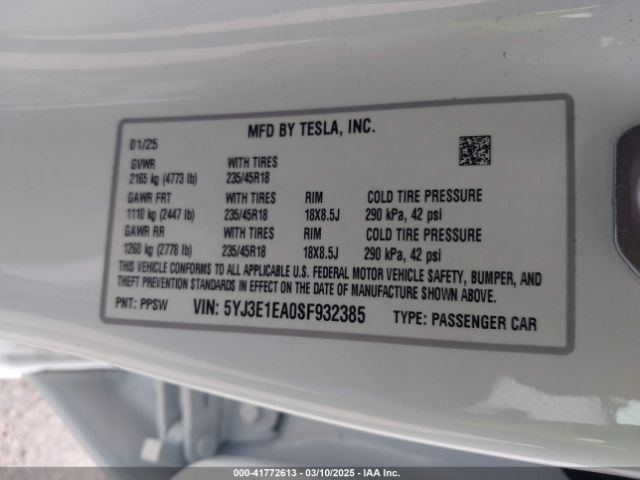 5YJ3E1EA0SF932385 Tesla Model 3 Long Range Rear-wheel Drive