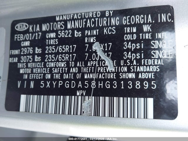 5XYPGDA58HG313895 KIA Sorento 3.3l Lx
