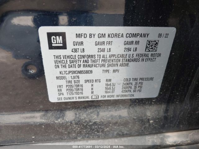 KL7CJPSM3NB558839 Chevrolet Trax Awd Lt