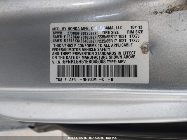 5FNRL5H61EB045008 Honda Odyssey Ex-l