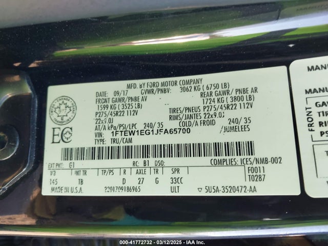 1FTEW1EG1JFA65700 Ford F-150 Limited
