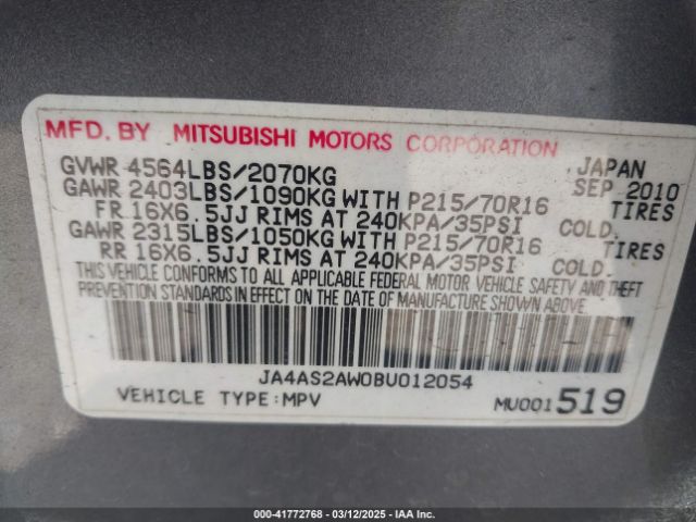 2011 MITSUBISHI OUTLANDER JA4AS2AW0BU012054 Photo 8