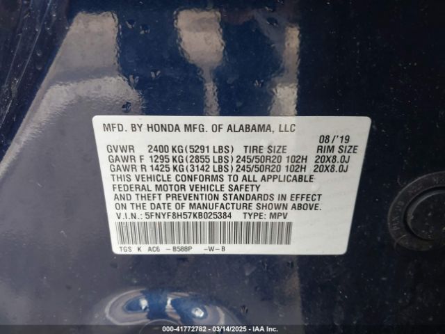 5FNYF8H57KB025384 Honda Passport Ex-l
