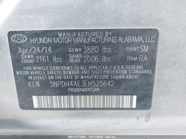 5NPDH4AE3EH525642 Hyundai ELANTRA SE