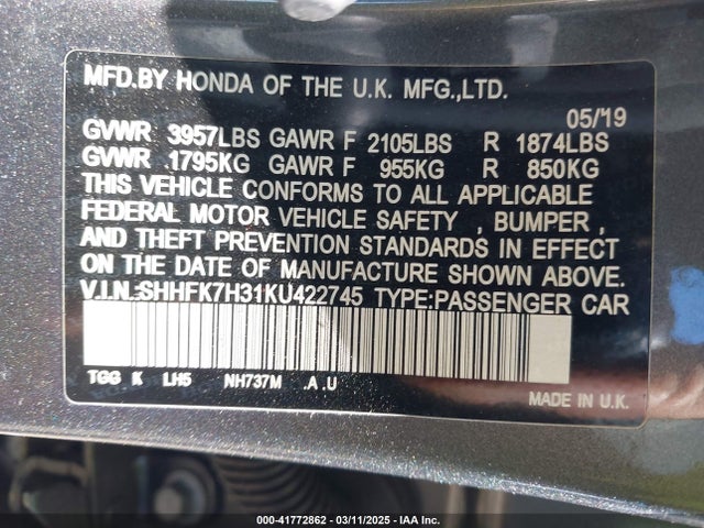 SHHFK7H31KU422745 Honda Civic Lx