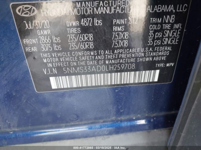 5NMS33AD0LH259708 Hyundai Santa Fe Sel