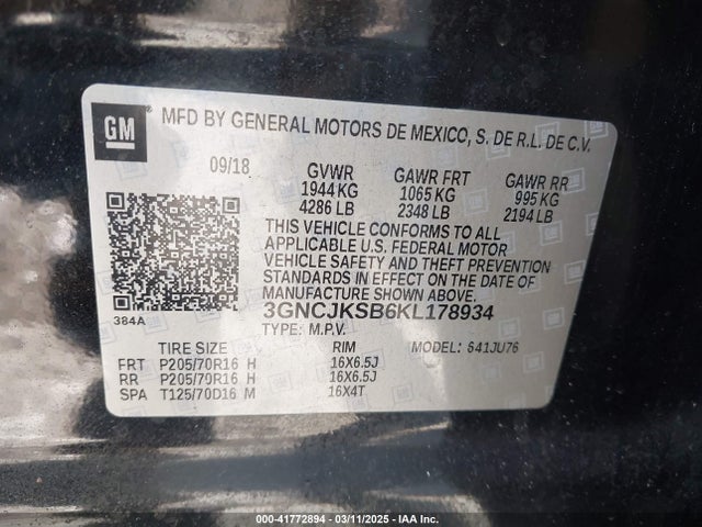 3GNCJKSB6KL178934 Chevrolet TRAX LS