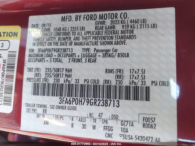 Ford FUSION SE 2016 3FA6P0H79GR238713 Image 9