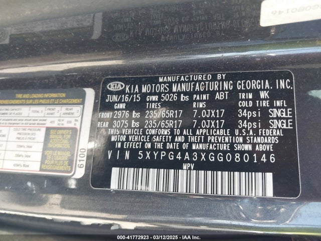 5XYPG4A3XGG080146 KIA Sorento 2.4l Lx