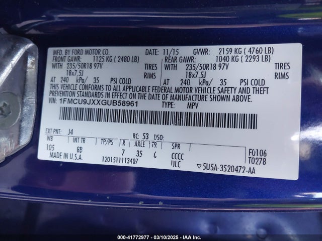 1FMCU9JXXGUB58961 Ford Escape Titanium