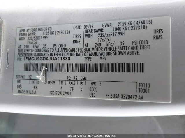 1FMCU9GD0JUA11830 Ford ESCAPE SE