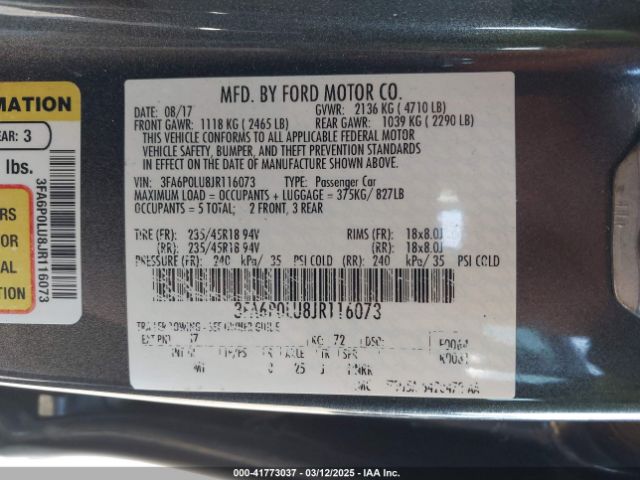 3FA6P0LU8JR116073 Ford Fusion Hybrid Se