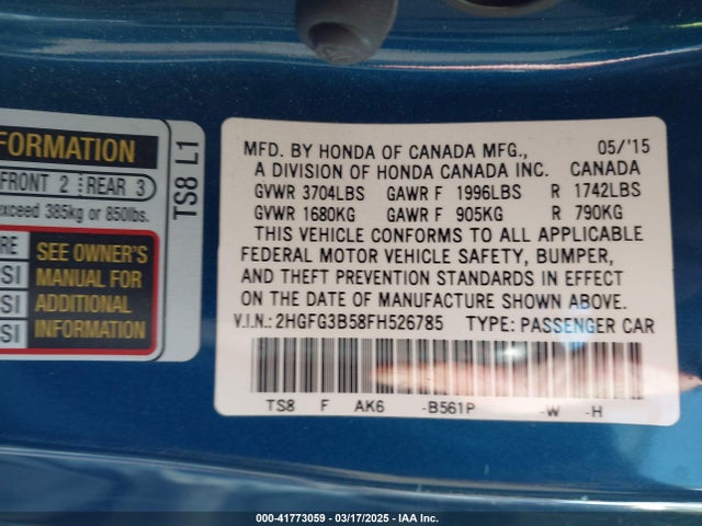 2HGFG3B58FH526785 Honda r18z1