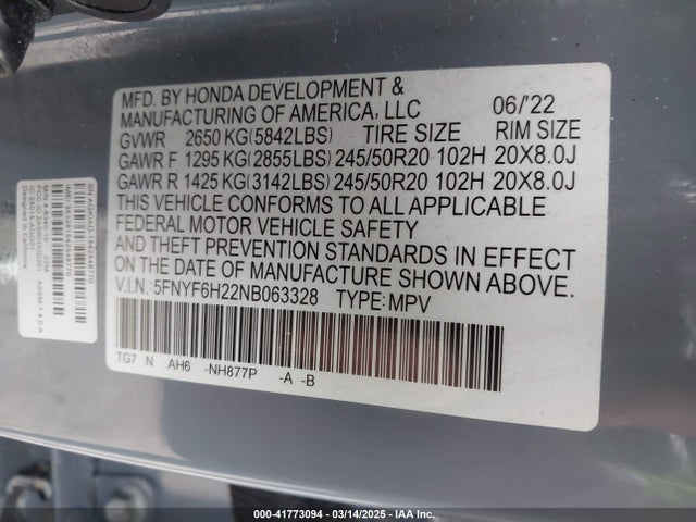 Honda Pilot Awd Special Edition 2022 5FNYF6H22NB063328 Image 9