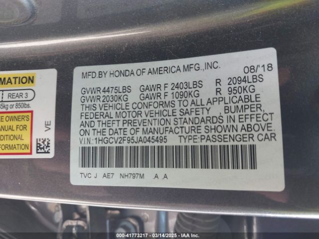 1HGCV2F95JA045495 Honda Accord Touring 2.0t