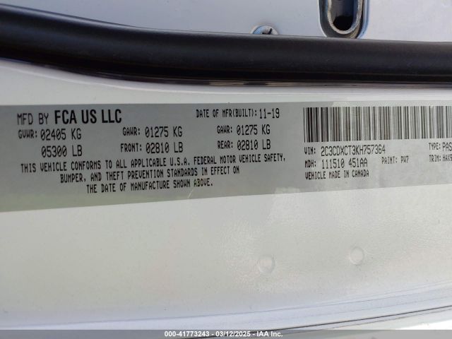 2C3CDXCT3KH757364 Dodge Charger R/t Rwd