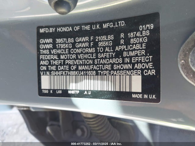 SHHFK7H88KU411608 Honda Civic Ex-l