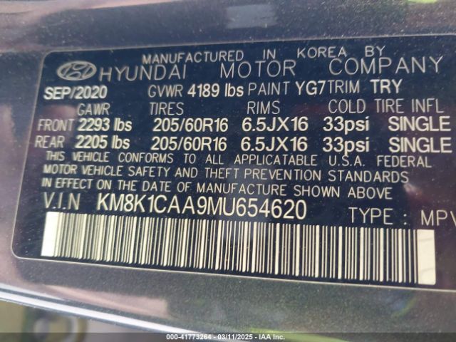 KM8K1CAA9MU654620 Hyundai Kona Se