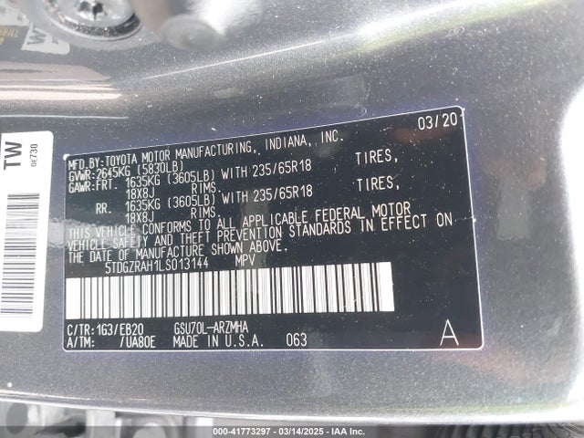 5TDGZRAH1LS013144 Toyota Highlander Xle