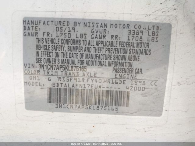 3N1CN7AP5KL875165 Nissan Versa 1.6 S