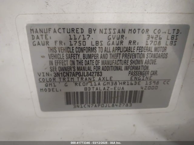 3N1CN7AP0JL842783 Nissan Versa 1.6 S+