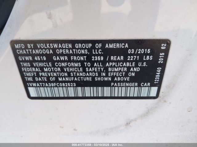 1VWAT7A39FC082523 Volkswagen Passat 1.8t Wolfsburg Edition