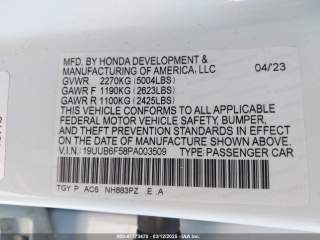 19UUB6F58PA003509 Acura Tlx A-spec Package