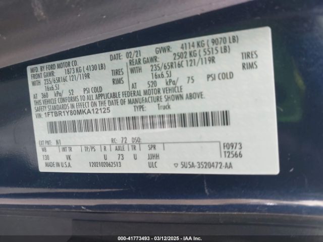 1FTBR1Y80MKA12125 Ford Transit-250