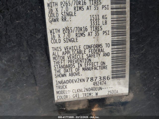 1N6AD0EV2KN787386 Nissan Frontier Sv