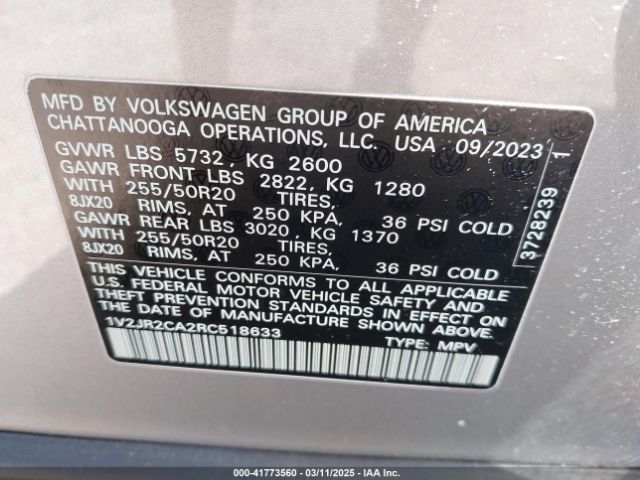 1V2JR2CA2RC518633 Volkswagen Atlas 2.0t Se W/technology