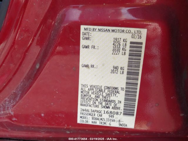 1N4AL3APXGC168087 Nissan Altima 2.5 Sv