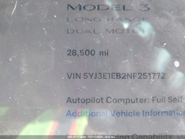 5YJ3E1EB2NF251772 Tesla Model 3 Long Range Dual Motor All-wheel Drive